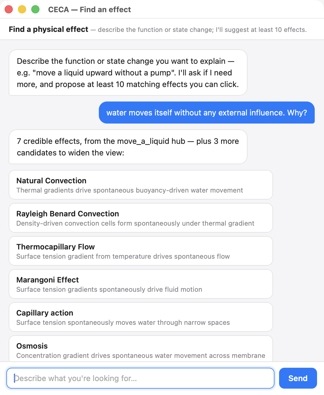 TRIZ Wizard — assistant IA proposant une dizaine d'effets physiques documentés issus de la base