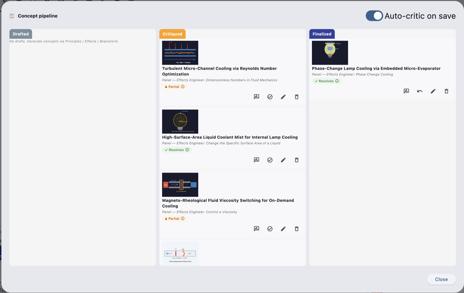 TRIZ Wizard — pipeline de concepts : rédigé, critiqué, finalisé, avec critique automatique à l'enregistrement