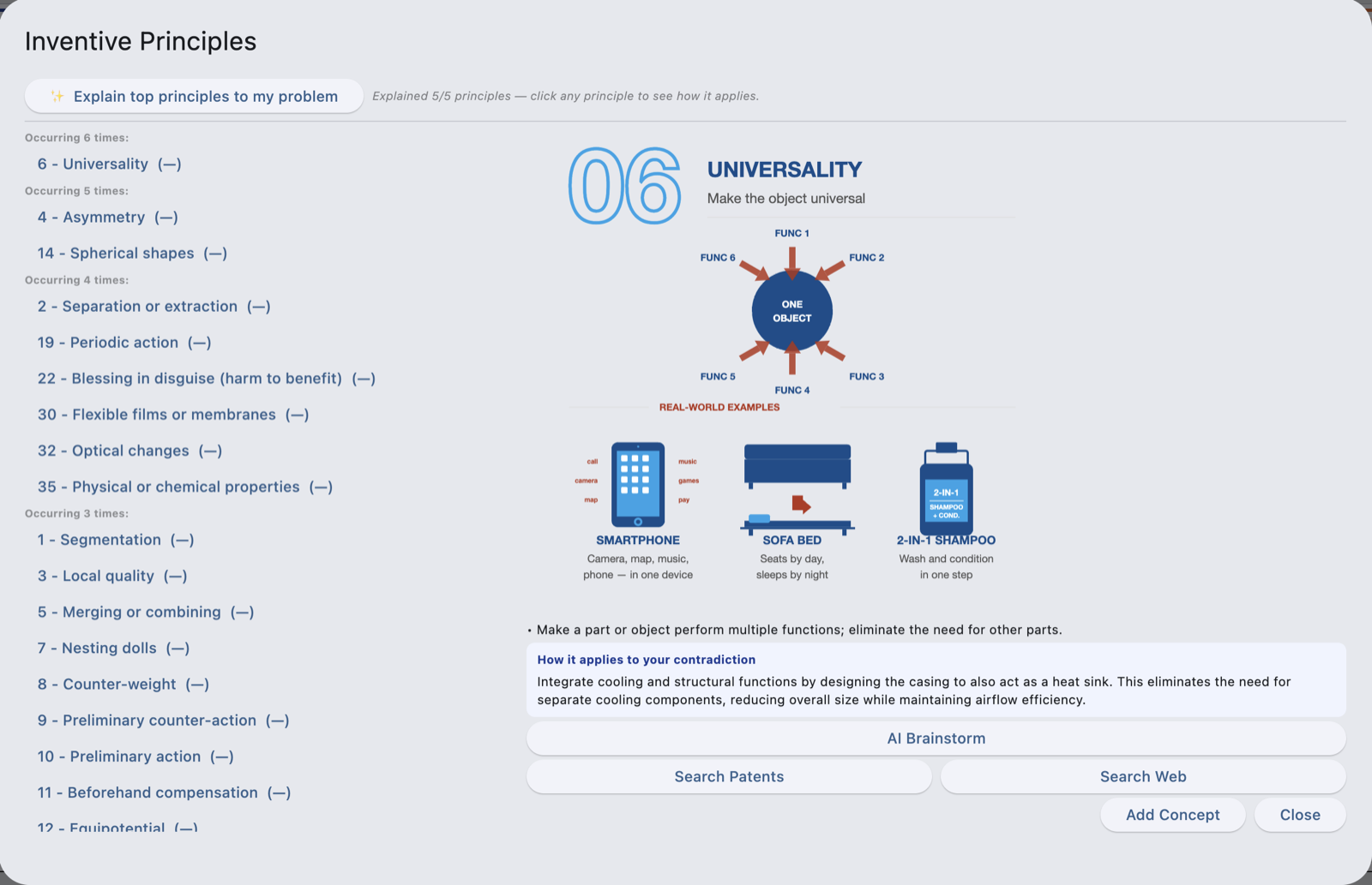 TRIZ Wizard — principes d'innovation classés par occurrences, illustrés (ex. Universalité) avec exemples réels et application rédigée à votre contradiction