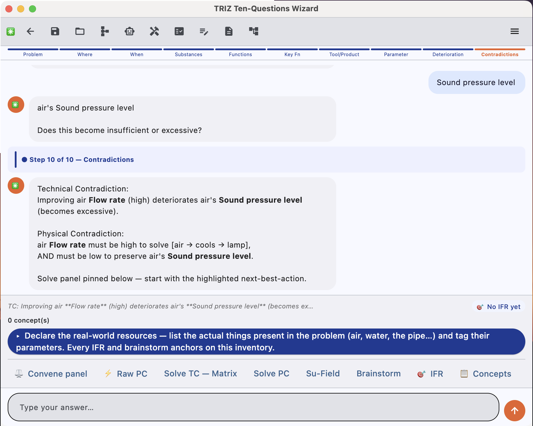 TRIZ Wizard — formulation guidée : identification des ressources du problème réel (substances, système, super-système) avec suggestion par IA
